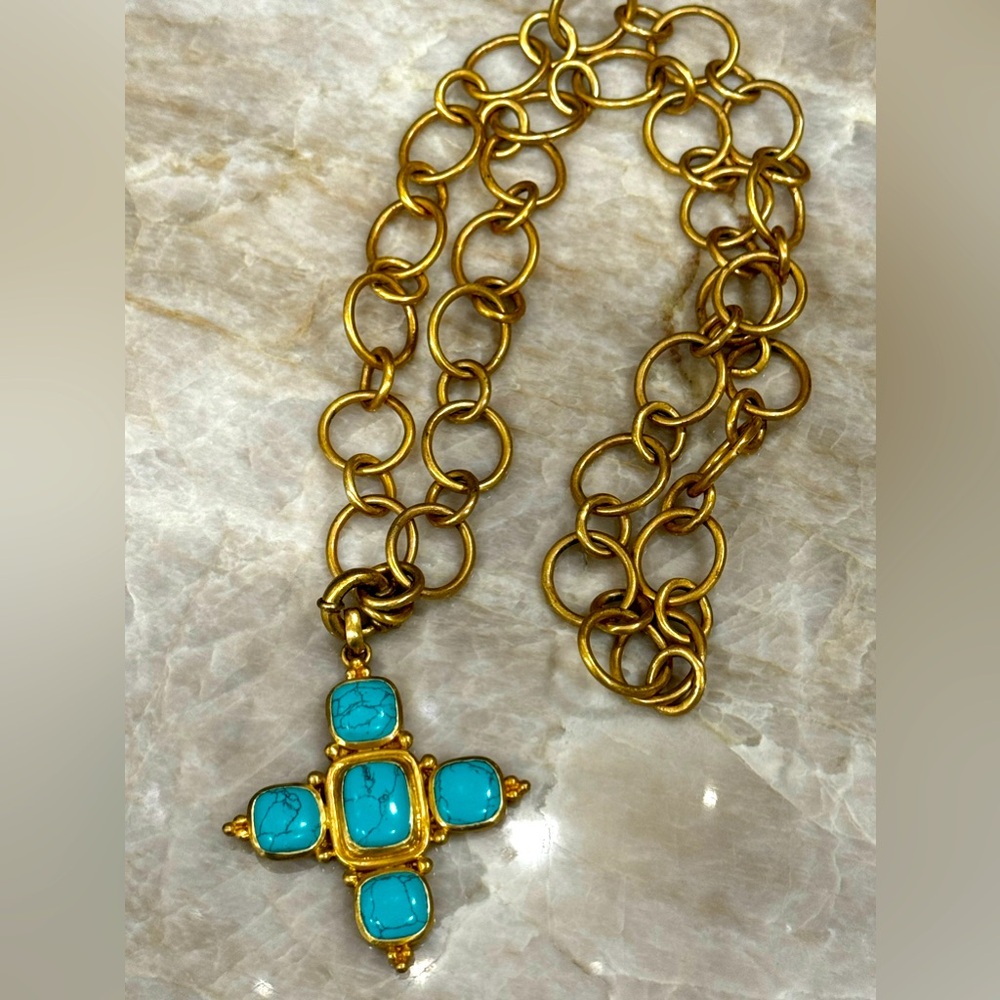 Julie Vos Retired Gold and Turquoise Cross Necklace